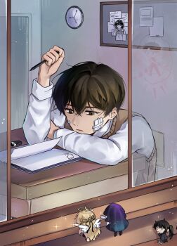 1boy 3others absurdres bandage_on_face bandages black_eyes black_hair book character_doll climbing doll eraser han_sooyoung highres holding holding_pen kim_dokja lee_jihye light_particles male_focus mini_person miniboy minigirl multiple_others oldest_dream omniscient_reader&#039;s_viewpoint open_book open_window pen photo_(object) saihachi06 secretive_plotter shirt short_hair slouching speech_bubble thought_bubble uriel_(omniscient_reader&#039;s_viewpoint) vest white_shirt window yellow_vest yoo_joonghyuk