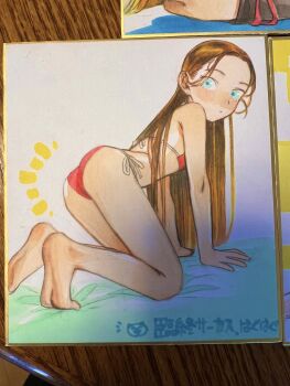 1girl absurdres all_fours ass barefoot bikini blonde_hair blue_eyes blush flat_chest full_body haguhagu_(rinjuu_circus) highres long_hair looking_at_viewer original photo_(medium) red_bikini sasha_(haguhagu) shikishi soles solo swimsuit traditional_media