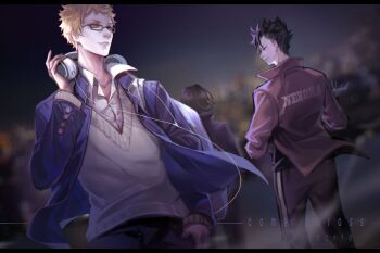 2boys black-framed_eyewear black_hair black_pants blazer blonde_hair chinese_commentary collared_shirt commentary english_text glasses grey_sweater haikyuu!! hand_in_pocket headphones headphones_around_neck highres ikade_(ikade_0516) jacket kuroo_tetsurou looking_at_another male_focus multiple_boys open_clothes open_jacket pants parted_lips rectangular_eyewear red_track_suit shirt short_hair sweater teeth track_suit tsukishima_kei white_shirt yellow_eyes