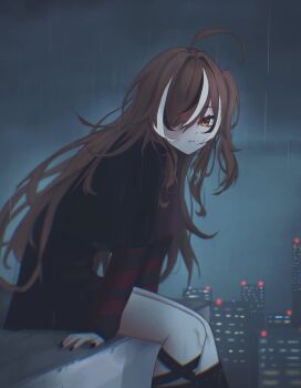 1girl absurdres ahoge black_nails black_shirt black_streaks black_sweater brown_eyes brown_hair city closed_mouth hair_over_one_eye highres hololive hololive_english nanashi_mumei nanashi_mumei_(emo) night on_rooftop outdoors rain red_sweater saltdcrmell shirt sitting solo striped_clothes striped_sweater sweater sweater_under_shirt two-tone_sweater virtual_youtuber white_streaks