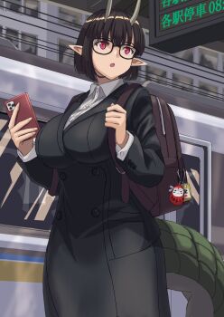 1girl backpack bag biscione_(fate) biscione_(first_ascension)_(fate) black_hair breasts cellphone dragon_horns dragon_tail fate/grand_order fate_(series) glasses highres horns ksfactory large_breasts phone pointy_ears red_eyes smartphone tail train train_station