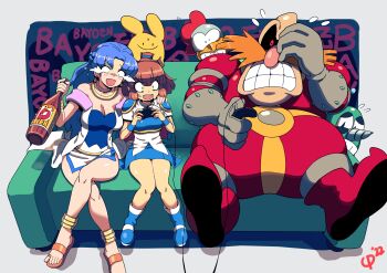 2girls absurdres adventures_of_sonic_the_hedgehog arle_nadja artist_name blue_hair blush bottle brown_hair carbuncle_(puyopuyo) chilidog_(lumchan777) controller couch crossed_legs crossover dr._eggman dr._robotnik&#039;s_mean_bean_machine dr_robotnik&#039;s_mean_bean_machine game_controller grounder highres holding holding_bottle holding_controller madou_monogatari multiple_girls open_mouth playing_games puyopuyo rulue_(puyopuyo) scratch_(sonic) sega smile sonic_(series) surprised sweat teeth