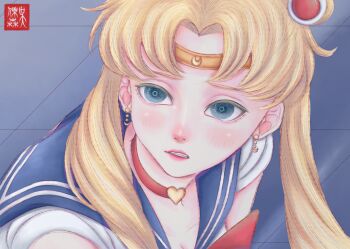 Rule 34 | 1girl, bishoujo senshi sailor moon, blonde hair, blue sailor collar, choker, circlet, clenched teeth, commentary request, earrings, eyelashes, grey eyes, heart, heart choker, highres, jewelry, lipstick, long hair, looking to the side, makeup, meme, pinguingurun14, red choker, sailor collar, sailor moon, sailor moon redraw challenge (meme), sailor senshi uniform, signature, solo, teeth, tile floor, tiles, tsukino usagi, twintails
