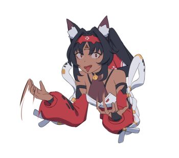 1girl 67_(meme) animal_ear_fluff animal_ears aragiken barcode barcode_tattoo bare_shoulders bell black_hair breasts cat_ears cat_tail cropped_torso facial_mark forehead_mark forehead_tattoo hair_intakes hairband highres looking_at_viewer meme motion_blur neck_bell nekomiya_mana open_mouth ponytail red_eyes red_hairband red_sleeves simple_background small_breasts solo tail tattoo tongue tongue_out triangle triangle_facial_mark v-shaped_eyebrows white_background zenless_zone_zero