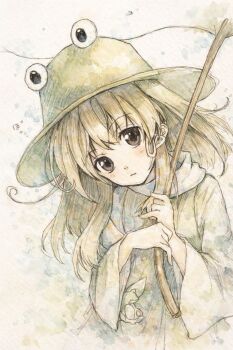 Rule 34 | 1girl, animal print, blonde hair, brown eyes, brown hat, closed mouth, colored pencil (medium), commentary, frog print, furato44, hand up, hat, head tilt, highres, holding, holding leaf, leaf, leaf umbrella, light blush, long sleeves, looking at viewer, medium hair, moriya suwako, shirt, solo, touhou, traditional media, upper body, vest, white shirt, wide sleeves