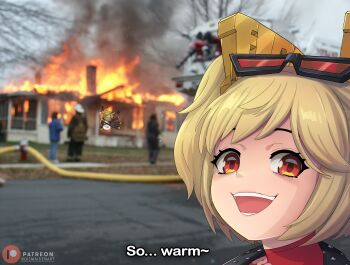 2girls 3others artist_name blonde_hair burnice_white burning burning_building cheetah_girl commentary disaster_girl_(meme) dismaiden english_commentary english_text eyewear_on_head fire fire_hydrant fire_truck firefighter highres house looking_at_viewer meme motor_vehicle multiple_girls multiple_others open_mouth patreon_logo patreon_username photo_background pulchra_fellini red-tinted_eyewear red_eyes subtitled teeth tinted_eyewear truck yellow_fur zenless_zone_zero
