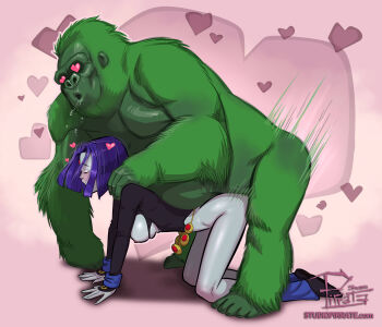 1boy 1girl absurdres all_fours beast_boy_(dc) black_leotard breasts colored_skin commentary doggystyle english_commentary grey_skin heart heart-shaped_pupils hetero highres large_breasts leotard nipples original purple_hair raven_(dc) sex sex_from_behind studio-pirrate symbol-shaped_pupils torn_clothes torn_leotard