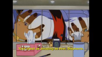 1girl 3boys alternate_size animated animated_gif breast_focus breasts burn-up burn-up_excess coffee_mug condensation cup english_text giant giant_male giantess grabbing_another&#039;s_breast grabbing_from_behind groping jewelry kinezono_rio large_breasts mug multiple_boys necktie police police_uniform policewoman ring salaryman tissue_box window window_fog