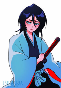 Rule 34 | 1girl, artist name, black hair, bleach, bleach: epilogue, blue eyes, commentary, english commentary, frown, hair between eyes, haori, highres, japanese clothes, kuchiki rukia, long hair, serious, sheath, sheathed, shihakusho, solo, sword, taichou haori, umbra (edits umbra), v-shaped eyebrows, watermark, weapon, wide sleeves