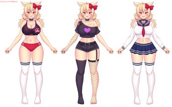 1girl ahoge animal_ears asymmetrical_legwear belt black_belt black_gloves black_nails black_shirt black_shorts black_sports_bra black_thighhighs blonde_hair blue_skirt blush bow breasts buruma cat_ears cat_girl choker cleavage collarbone fishnet_gloves fishnet_thighhighs fishnets garter_straps gloves hair_bow heart heart_print highres indie_virtual_youtuber large_breasts long_hair long_sleeves low_twintails midriff mismatched_legwear multicolored_hair multiple_views navel neckerchief nottytiffy off-shoulder_shirt off_shoulder open_mouth original paw_print print_shirt print_sports_bra red_bow red_buruma red_eyes red_hair red_neckerchief school_uniform shirt short_sleeves shorts single_garter_strap single_glove skirt slit_pupils smile spiked_choker spikes sports_bra standing streaked_hair thighhighs tiffy_(nottytiffy) twintails virtual_youtuber white_background white_shirt white_thighhighs