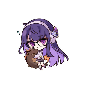 1girl absurdres blue_pupils blunt_bangs c520gpss character_doll chibi chibi_only chinese_commentary closed_mouth doll expressionless fan_hair_ornament flower flower_ornament full_body genshin_impact glasses gradient_hair hair_down hair_ornament head_tilt highres hugging_object light_blush looking_at_viewer mole mole_under_eye multicolored_eyes multicolored_hair official_alternate_costume purple_eyes purple_flower purple_hair raiden_shogun raiden_shogun_(2nd_anniversary) rex_lapis_(genshin_impact) shade simple_background skirt solo white_background zhongli_(genshin_impact)