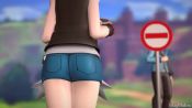 1girl 2boys 3d animated ass assisted_exposure bare_shoulders blinking blurry brown_eyes brown_hair cellphone clothes_pull cosplay cowboy_shot crossdressing cutoffs day denim denim_shorts depth_of_field embarrassed english_text female_pervert flaccid foreskin from_behind hat hilbert_(pokemon) hilda_(pokemon) hilda_(pokemon)_(cosplay) holding holding_phone legs_together looking_at_ass magmallow multiple_boys multiple_girls nintendo outdoors pants pants_pull pantsing penis pervert phimosis phone pink_eyes pink_hair pokemon pokemon_bw pokemon_sm pulling_another&#039;s_clothes road_sign short_shorts shorts sign small_penis smartphone sound standing subtitled team_skull_grunt testicles trap uncensored video