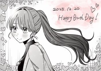 1girl commentary dated floating_hair from_side fujishima_megumi fujishima_megumi_(post-graduation) greyscale happy_birthday hashtag-only_commentary heart heart_necklace highres jacket jewelry light_particles link!_like!_love_live! long_hair love_live! monochrome necklace nunyara361 open_clothes open_jacket ponytail sidelocks solo sparkle spot_color star_(symbol) suit_jacket sweater turtleneck turtleneck_sweater upper_body virtual_youtuber