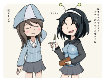 Rule 34 | 2girls, antennae, aqclk, black hair, blue sweater, blush, brown hair, chopsticks, closed eyes, closed mouth, collared shirt, fake antennae, girls und panzer, girls und panzer phase erika, grey skirt, hairband, holding, holding chopsticks, holding wallet, keizoku military uniform, keizoku school uniform, long hair, mika (girls und panzer), miniskirt, multiple girls, open mouth, school uniform, shirt, short hair, skirt, striped hat, sweater, touko (girls und panzer), translation request, vertical-striped sweater, wallet, white hairband, white shirt