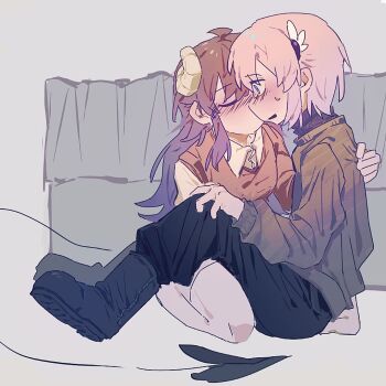 2girls black_boots black_pants blush boots brown_hair chiyoda_momo closed_eyes commentary demon_girl demon_horns demon_tail grey_sweater hand_on_another&#039;s_back horns kiss long_hair machikado_mazoku multiple_girls orange_vest pants parted_lips pink_hair shirt short_hair sweat sweater tail thighhighs vest white_thighhighs xkylssuqsc78381 yellow_shirt yoshida_yuuko yuri