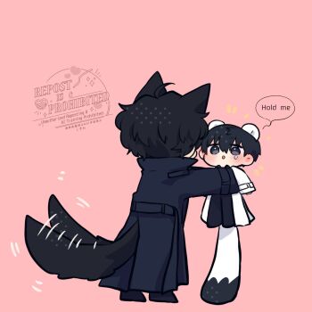 2boys animal_ears black_coat black_eyes black_hair black_shirt cat_ears cat_tail coat collared_shirt double-parted_bangs english_text full_body hair_between_eyes highres kemonomimi_mode kim_dokja kimidori_22 lifting_person male_focus mini_person miniboy mouse_ears mouse_tail multiple_boys omniscient_reader&#039;s_viewpoint open_clothes open_coat popped_collar shirt short_hair size_difference standing tail tears white_coat yoo_joonghyuk