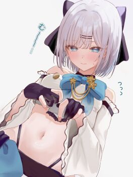 1girl absurdres black_gloves blue_eyes blush commentary_request flying_sweatdrops gloves grey_hair hair_ornament hairclip highres kaga_sumire kaga_sumire_(5th_costume) long_sleeves looking_at_viewer mole mole_under_eye navel nekoi_(nekoi_0116) off-shoulder_shirt off_shoulder partially_fingerless_gloves presenting presenting_stomach shirt short_hair simple_background solo stomach sweat virtual_youtuber vspo!