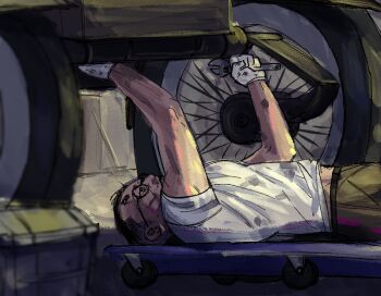 1boy black_hair car commentary disco_elysium english_commentary ged-the-winged glasses holding holding_wrench kim_kitsuragi lying male_focus mechanic midriff_peek motor_vehicle on_back shirt short_hair sleeves_rolled_up solo toned toned_male under_car white_shirt wrench