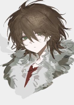 Rule 34 | 1boy, :<, absurdres, brown hair, closed mouth, colored eyelashes, cropped torso, eyes visible through hair, fur trim, green eyes, grey background, hair between eyes, highres, isoi reiji, latham (7189680211), male focus, medium hair, red shirt, saibou shinkyoku, shirt, simple background, sketch, smoke, solo