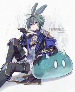 Rule 34 | 1boy, ahoge, animal ears, armor, artist name, black boots, black choker, black coat, black gloves, blue cape, blue coat, blue gloves, blue shirt, blue vest, boots, buttons, cape, choker, closed mouth, coat, collared shirt, commentary request, crossed bangs, dagger, genshin impact, gloves, grey hair, hair between eyes, hair intakes, hand up, highres, holding, holding dagger, holding knife, holding weapon, hydro slime (genshin impact), jewelry, knee up, knife, lapels, lohen (genshin impact), long sleeves, looking at viewer, male focus, mole, mole under eye, multicolored eyes, multicolored gloves, open clothes, open coat, pants, pauldrons, rabbit boy, rabbit ears, rabbit tail, red eyes, ring, shirt, short hair, shoulder armor, single pauldron, sitting, sleeve cuffs, slime (creature), slime (genshin impact), smile, smirk, solo, tail, tassel, thigh boots, thigh strap, twitter username, two-tone gloves, vest, watermark, weapon, white pants, white shirt, wing collar, y0moru