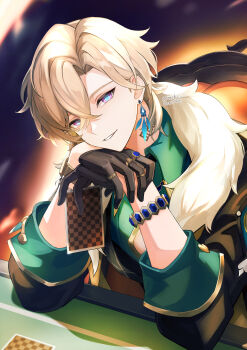 Rule 34 | 1boy, absurdres, aqua shirt, aventurine (honkai: star rail), black gloves, black jacket, blonde hair, blue pupils, collared shirt, commentary request, earrings, fur-trimmed jacket, fur trim, gloves, hair between eyes, highres, honkai: star rail, honkai (series), jacket, jewelry, long sleeves, looking at viewer, male focus, multicolored eyes, neck tattoo, okkobc, pink eyes, shirt, short hair, solo, tattoo