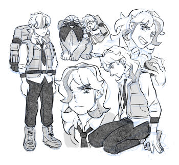 1boy :< absurdres arven_(pokemon) backpack bag belt chibi chibi_inset commentary_request dog fluffy_hair full_body greyscale hair_over_one_eye highres long_hair mabosstiff male_focus monochrome necktie nintendo open_clothes open_mouth open_vest pokemon pokemon_(creature) pokemon_sv sanmarino016 seiza sitting sketch teeth upper_teeth_only vest white_background