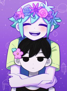 2boys absurdres antenna_hair basil_(headspace)_(omori) basil_(omori) black_eyes black_hair black_tank_top blue_overalls blush closed_eyes closed_mouth collarbone colored_skin commentary_request double-parted_bangs expressionless flower flower_wreath green_hair green_shirt hair_between_eyes hair_flower hair_ornament head_wreath highres hug hug_from_behind looking_at_viewer male_focus multiple_boys omori omori_(omori) open_mouth overalls purple_sky shirt short_hair short_sleeves sidelocks sky smile t-shirt tank_top teeth tongue upper_teeth_only white_skin yksm_oe