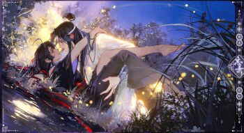 2boys absurdres ahoge bare_shoulders barefoot black_eyes black_hair black_hanfu black_pants blush border chinese_clothes chinese_text closed_mouth commission copyright_name couple dutch_angle eye_contact fireflies from_side grass hair_down hair_ribbon half_updo hand_on_another&#039;s_thigh hanfu headband highres holding holding_ribbon huashengdoufu hug implied_sex lan_wangji leaf legs_up long_hair looking_at_another lying male_focus missionary modao_zushi multiple_boys night night_sky off_shoulder official_alternate_hairstyle on_back on_grass outdoors pants parted_lips pond profile red_ribbon red_sash ribbon robe sash second-party_source sidelocks single_bare_leg sky smile topknot tree water wei_wuxian wei_wuxian_(yiling_laozu) white_hanfu white_headband wide_sleeves xiao_guan_(headdress) yaoi yellow_eyes