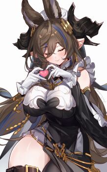 Rule 34 | 1girl, absurdres, aki663, animal ears, bare shoulders, belly chain, black dress, black thighhighs, blush, breasts, brown hair, closed eyes, detached sleeves, dress, earrings, extra ears, galleon (granblue fantasy), gloves, granblue fantasy, heart, heart hands, highres, horns, jewelry, large breasts, long hair, multicolored hair, necklace, pelvic curtain, pointy ears, smile, solo, streaked hair, swept bangs, thigh strap, thighhighs, thighs, two-tone dress, white dress, white gloves, wide sleeves