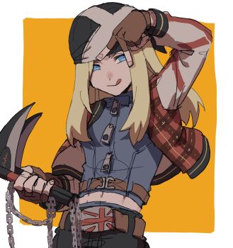 1boy :p arm_up axl_low bandana belt belt_buckle black_gloves black_pants blonde_hair blue_eyes blue_shirt border brown_belt buckle chain closed_mouth cowboy_shot fingerless_gloves gloves guilty_gear guilty_gear_strive highres holding holding_weapon jacket kama_(weapon) kometubu0712 long_hair long_sleeves looking_to_the_side male_focus midriff_peek navel open_clothes open_jacket outside_border pants plaid_clothes shirt sickle sideways_glance smile solo tongue tongue_out union_jack v v_over_head weapon white_border zipper_pull_tab