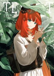 Rule 34 | 1girl, absurdres, alternate costume, baiyinzhideng, black bag, closed mouth, commentary request, cowboy shot, dress, english text, fern, genshin impact, green eyes, hands up, highres, interlocked fingers, long hair, long sleeves, looking at viewer, nilou (genshin impact), orange hair, own hands together, plant, solo, white dress