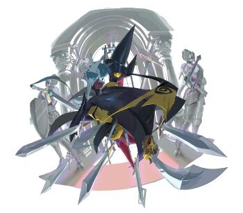 Rule 34 | aegislash, alternate color, armor, black dress, black gloves, blue hair, bob cut, colored skin, commentary request, dress, elbow gloves, gardevoir, gen 3 pokemon, gen 6 pokemon, gloves, hair over one eye, hakumogera, highres, mega gardevoir, mega pokemon, nintendo, pokemon, pokemon (creature), shiny pokemon, strapless, strapless dress, sword, weapon, white skin, yellow eyes