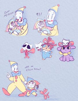 !? 2boys 3girls :i absurdres aged_down alternate_universe baby balloon_animal blue_eyes blush_stickers brown_hair clown clown_nose collar colored_sclera colored_skin commentary dress english_commentary english_text facepaint frilled_collar frills gangle_(the_amazing_digital_circus) harlequin hat height_difference highres holding_hands jax_(the_amazing_digital_circus) jester jester_cap jester_costume jester_girl jester_outfit jumpsuit kaufmo_(the_amazing_digital_circus) leash mask multicolored_eyes multiple_boys multiple_girls onesie oversized_footwear pomni_(the_amazing_digital_circus) popzotz purple_skin rabbit_boy ragatha_(the_amazing_digital_circus) red_eyes red_footwear red_lips red_ribbon ribbon smile surprised the_amazing_digital_circus theatre_mask triangle_nose two-tone_dress two-tone_eyes wavy_eyes wavy_mouth white_mask white_skin yellow_headwear yellow_jumpsuit yellow_sclera