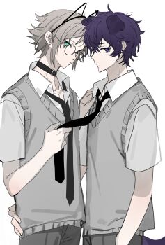 2boys absurdres animal_ear_hairband animal_ears aqua_eyes black_choker black_hairband black_necktie brown_hair cat_ear_hairband cat_ears chinese_commentary choker closed_mouth clothes_grab collared_shirt cowboy_shot dog_boy dog_ears dog_tail earrings extra_ears fake_animal_ears glasses grey_pants grey_sweater_vest hair_between_eyes hairband hand_on_another&#039;s_shoulder hand_on_another&#039;s_waist highres indie_virtual_youtuber jewelry kayu_(yukagoin) looking_at_viewer male_focus mole mole_under_eye multiple_boys mysta_rias necktie necktie_grab neckwear_grab nijisanji nijisanji_en pants parted_lips piercing purple_eyes purple_hair round_eyewear school_uniform shirt short_hair short_sleeves shoto_(vtuber) simple_background smile sweater_vest tail vest virtual_youtuber white_background white_shirt
