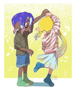 1boy 1girl ariamikukanzaki beamed_eighth_notes blonde_hair blue_hair blue_shorts blue_socks braid brown_shirt commentary dancing dark-skinned_male dark_skin eighth_note english_commentary gradient_hair green_socks hair_ornament hair_scrunchie hirooooo_(splatoon) inkling multicolored_hair musical_note nintendo no_shoes octoling red_eyes scrunchie see-through_clothes see-through_skirt shirt shorts side_braid signature skirt socks spinning splatoon_(series) splatoon_3 standing standing_on_one_leg striped_clothes striped_sweater sweater tentacle_hair veronika_(splatoon) very_dark_skin white_skirt