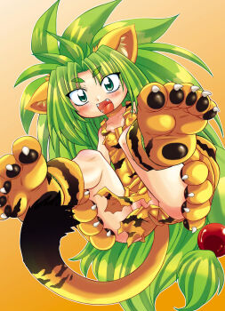 Rule 34 | animal ears, animal hands, animal print, blush, cham cham, claws, covered erect nipples, fangs, feet, flat chest, green eyes, green hair, hair bobbles, hair ornament, highres, long hair, messy hair, murakami takashi (phbu), open mouth, ph-bu, pussy, samurai spirits, smile, tail, tiger print, torn clothes, very long hair