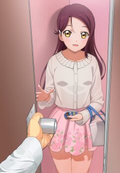 1boy 1girl a1_(initial-g) blush commentary cowboy_shot door floral_print hair_ornament hairclip legs_together long_hair looking_at_viewer love_live! love_live!_sunshine!! miniskirt open_door out_of_frame pleated_skirt pov pov_hands red_hair sakurauchi_riko skirt solo_focus timer yellow_eyes