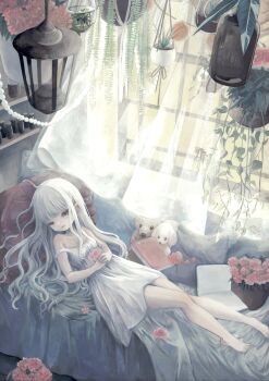1girl barefoot book commentary_request couch curtains dress flower hanging_plant highres indoors long_hair lying monou_pico on_back on_couch original own_hands_together pillow plant potted_plant sleeveless sleeveless_dress solo stuffed_animal stuffed_toy sunlight white_dress white_hair window