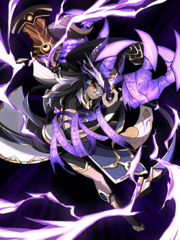 Rule 34 | 1boy, ancient egyptian clothes, claws, closed mouth, commentary request, cyno (genshin impact), foreshortening, full body, genshin impact, grey hair, holding, holding weapon, long hair, looking at viewer, male focus, ocha2 22, purple background, runes, solo, tan, toeless legwear, weapon