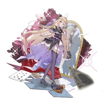 Rule 34 | 2girls, absurdres, ace (playing card), ace of hearts, antenna hair, ayesha618, between fingers, black bow, black capelet, black dress, black shoes, black thighhighs, blonde hair, bow, braid, broken mirror, brooch, capelet, card, commentary, cure arcana shadow, diamond hairband, different reflection, dress, dual persona, full body, hair bow, hair intakes, head tilt, heart, heart brooch, highres, holding, holding mask, jewelry, layered dress, long hair, looking at viewer, magical girl, mask, meitantei precure!, mirror, moria luluka, multiple girls, playing card, precure, purple eyes, purple veil, reflection, shoes, smile, standing, ten of spades, thighhighs, twitter username, veil, wanted poster, white wrist cuffs, wrist cuffs