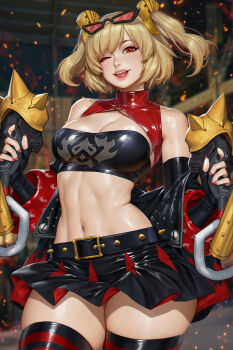 Rule 34 | 1girl, ;p, belt, black belt, black gloves, black skirt, black thighhighs, blonde hair, breasts, burnice white, cleavage, cowboy shot, crop top, embers, eyewear on head, fingerless gloves, flamethrower, gloves, highres, holding, holding flamethrower, holding weapon, medium breasts, midriff, miniskirt, navel, neoartcore, one eye closed, parted lips, red-tinted eyewear, red eyes, red nails, short hair, skindentation, skirt, solo, spiked belt, stomach, sunglasses, thighhighs, thighs, tinted eyewear, tongue, tongue out, two side up, weapon, zenless zone zero, zettai ryouiki