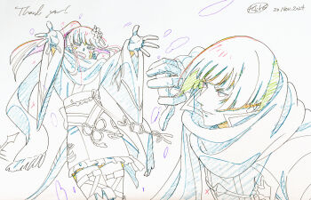 Rule 34 | 1boy, 1other, asahi sas brutus, au ra, bowl cut, color trace, commission, commissioner upload, final fantasy, final fantasy xiv, flower, hair flower, hair ornament, high ponytail, highres, hyur, izumi tol amulius, japanese clothes, key frame, kiiko 2233, long hair, open mouth, ponytail, scales, scarf, short hair, skeb commission, smile, snow, white background