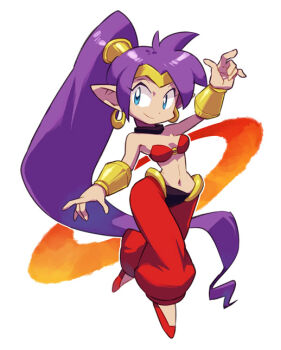 Rule 34 | 1girl, arabian clothes, bandeau, blue eyes, breasts, dark-skinned female, dark skin, earrings, female focus, harem pants, hoop earrings, jewelry, long hair, lots of jewelry, midriff, motohashi mari, navel, pants, pointy ears, ponytail, purple hair, shantae, shantae: half-genie hero, shantae (series), smile, solo, very long hair, wayforward