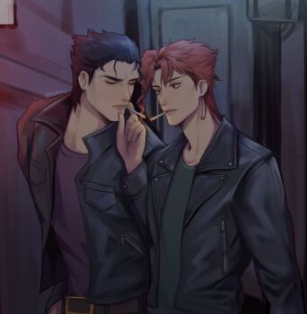 2boys alley black_hair black_jacket cigarette_kiss closed_eyes commentary english_commentary green_shirt highres jacket jojo_no_kimyou_na_bouken kakyoin_noriaki kookirani kuujou_joutarou long_sleeves male_focus multiple_boys night outdoors purple_shirt red_eyes red_hair shirt stardust_crusaders