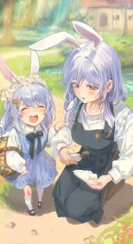 Rule 34 | 2girls, :d, animal ears, basket, black skirt, blue dress, blue hair, blush, breasts, carrot print, closed eyes, crying, dirt, dress, eto sister, floral print, flower basket, food print, grass, hair ornament, hairclip, head wreath, highres, hololive, kneehighs, kneeling, long sleeves, medicine bottle, medium breasts, mother and daughter, multiple girls, open mouth, outdoors, paper towel, pekomama, pond, rabbit ears, red eyes, scraped knee, skirt, smile, socks, suspender skirt, suspenders, tears, thick eyebrows, usada pekora, virtual youtuber