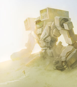 1girl ciel_(19940421) commentary_request field fuyusaka_iori grey_background highres juusan_kihei_bouei_ken long_hair mecha outdoors path road robot scenery science_fiction solo standing wide_shot