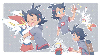 1boy :d akasaka_(qv92612) antenna_hair apple backpack bag black_hair black_pants blue_eyes blush_stickers brown_bag cinderace closed_eyes commentary_request eyelashes food fruit gen_8_pokemon goh_(pokemon) grey_shirt holding holding_food holding_fruit hug male_focus nintendo open_mouth pants pokemon pokemon_(anime) pokemon_(creature) pokemon_journeys raboot red_eyes scorbunny shirt short_hair short_sleeves smile star_(symbol) tongue