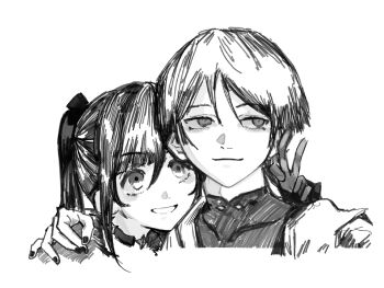 1boy 1girl blunt_bangs bodysuit choker closed_mouth couple cropped_torso fingernails genshin_impact gloves hair_between_eyes hand_on_another's_shoulder head_on_another's_shoulder heads_together hetero highres japanese_clothes kimono long_hair looking_at_another mandarin_collar mona_(genshin_impact) monochrome open_mouth sanpaku scaramouche_(genshin_impact) side_ponytail sidelocks sideways_glance sketch smile smug star_(symbol) star_choker theoeyyy thick_neck v wanderer_(genshin_impact)