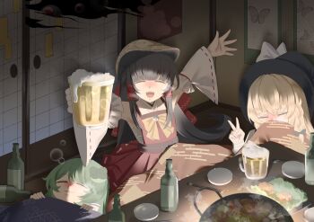 3girls absurdres adapted_costume alcohol beer beer_mug black_bow black_hat blonde_hair blush bottle bow bowtie braid brown_hair chest_sarashi chicken_(food) chopsticks closed_eyes closed_mouth commentary cooking_pot cup detached_sleeves english_commentary food fried_chicken frog_hair_ornament green_hair hair_bow hair_ornament hair_tubes hakurei_reimu hat highres holding holding_cup indoors kirisame_marisa kochiya_sanae kotatsu long_hair mug multiple_girls no_noru open_mouth red_bow red_skirt ribbon-trimmed_skirt ribbon-trimmed_sleeves ribbon_trim sarashi shouji side_braid single_braid skirt skirt_set sleeping sliding_doors smile table touhou under_kotatsu under_table v very_long_hair white_bow witch_hat yellow_bow yellow_bowtie zun_hat
