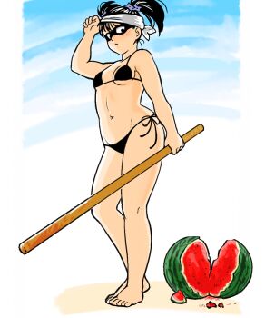 1girl bikini black_bikini food fruit highres holding one-punch_man shadow_ring_(one-punch_man) side-tie_bikini_bottom solo string_bikini swimsuit watermelon